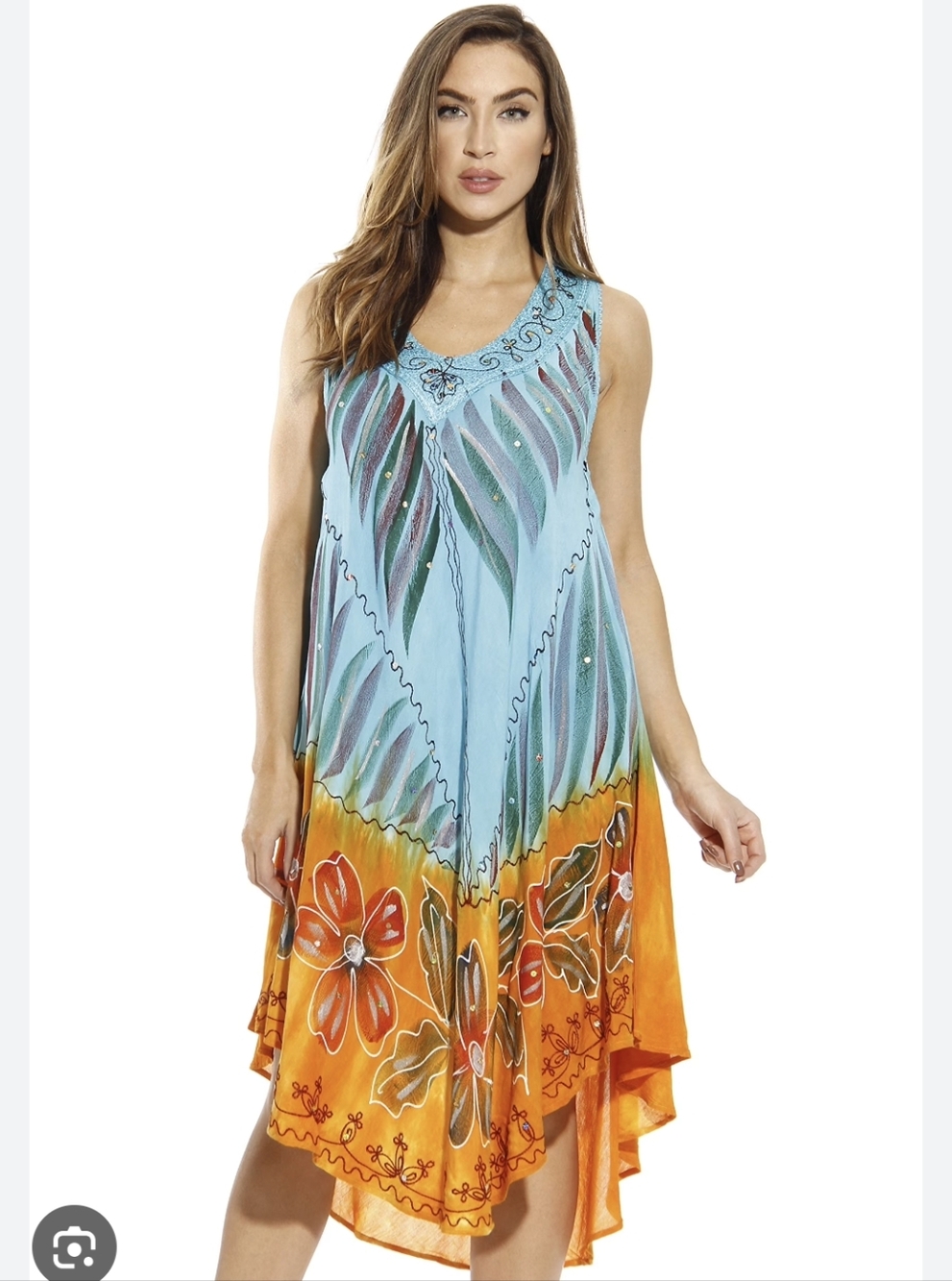 Rivera Sun Women's Sleeveless V-Neck Turquoise and Orange Hand-Painted Dress 3X